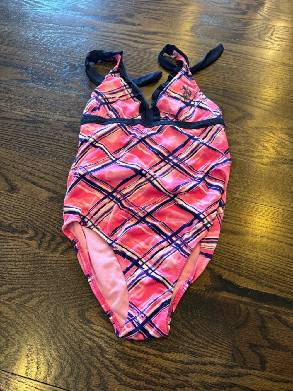 Polo by Ralph Lauren Pink Plaid Girls One-Piece Swimsuit with Navy Trim